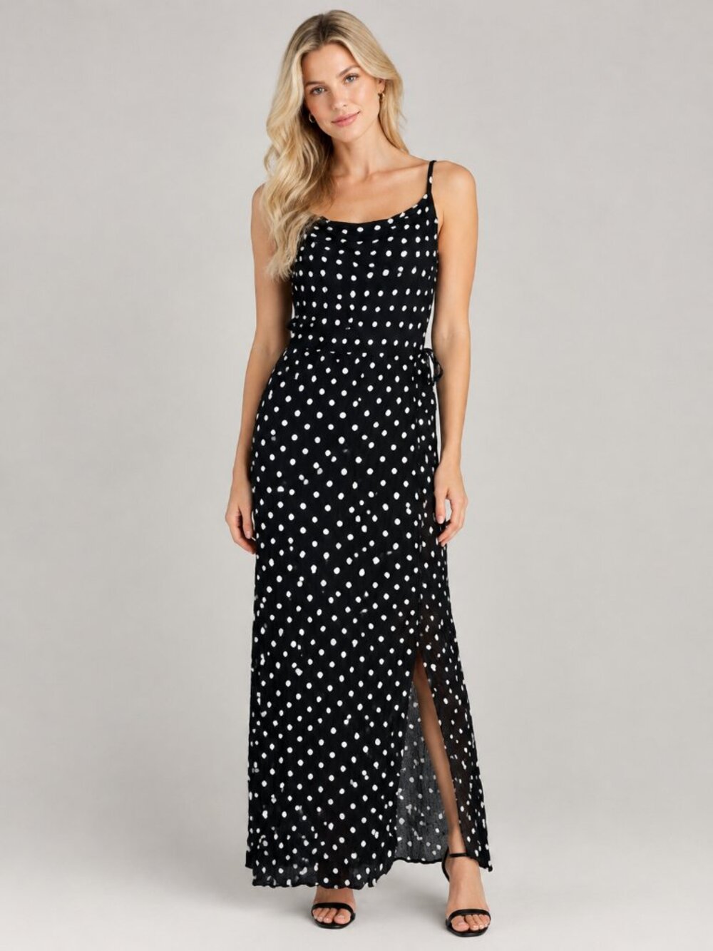 2/$30 TAHARI Polkadot Front-Slit Maxi Sundress Black Medium #A5545